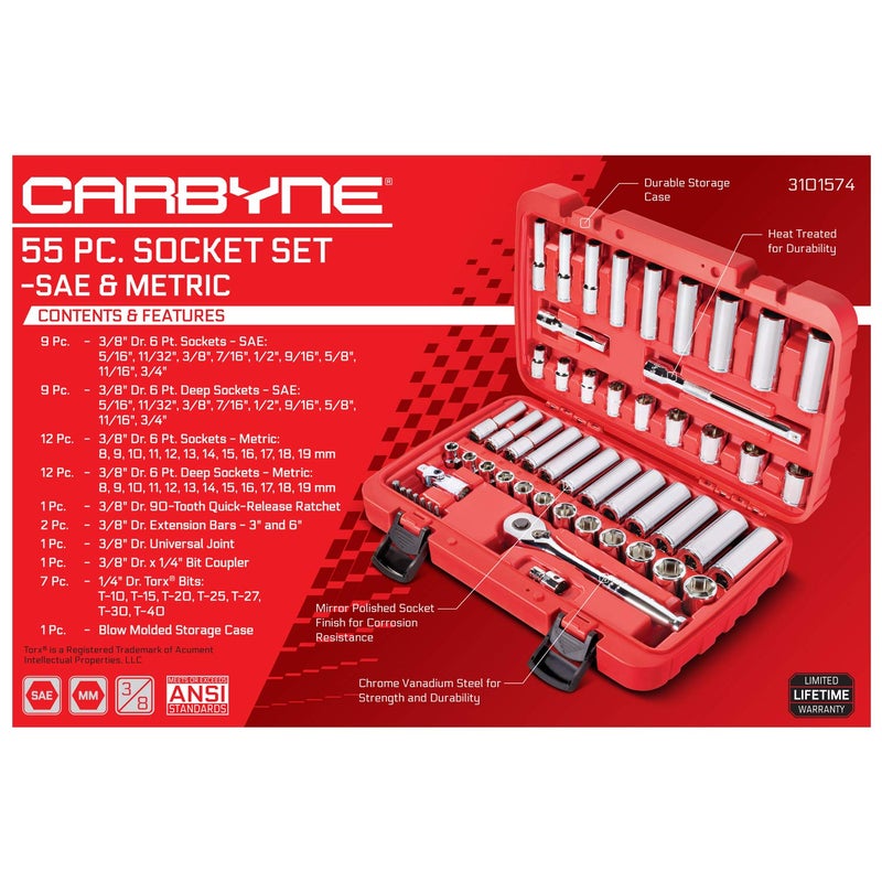 CARBYNE 55-Piece 3/8" Drive 6 Point Socket & Ratchet Set | SAE & Metric. Includes Metric 8mm to 19mm, SAE 5/16" to 3/4". Chrome Vanadium Steel â€¢ From a Family-Run Tool Company Based in the U.S.A. - Image 3